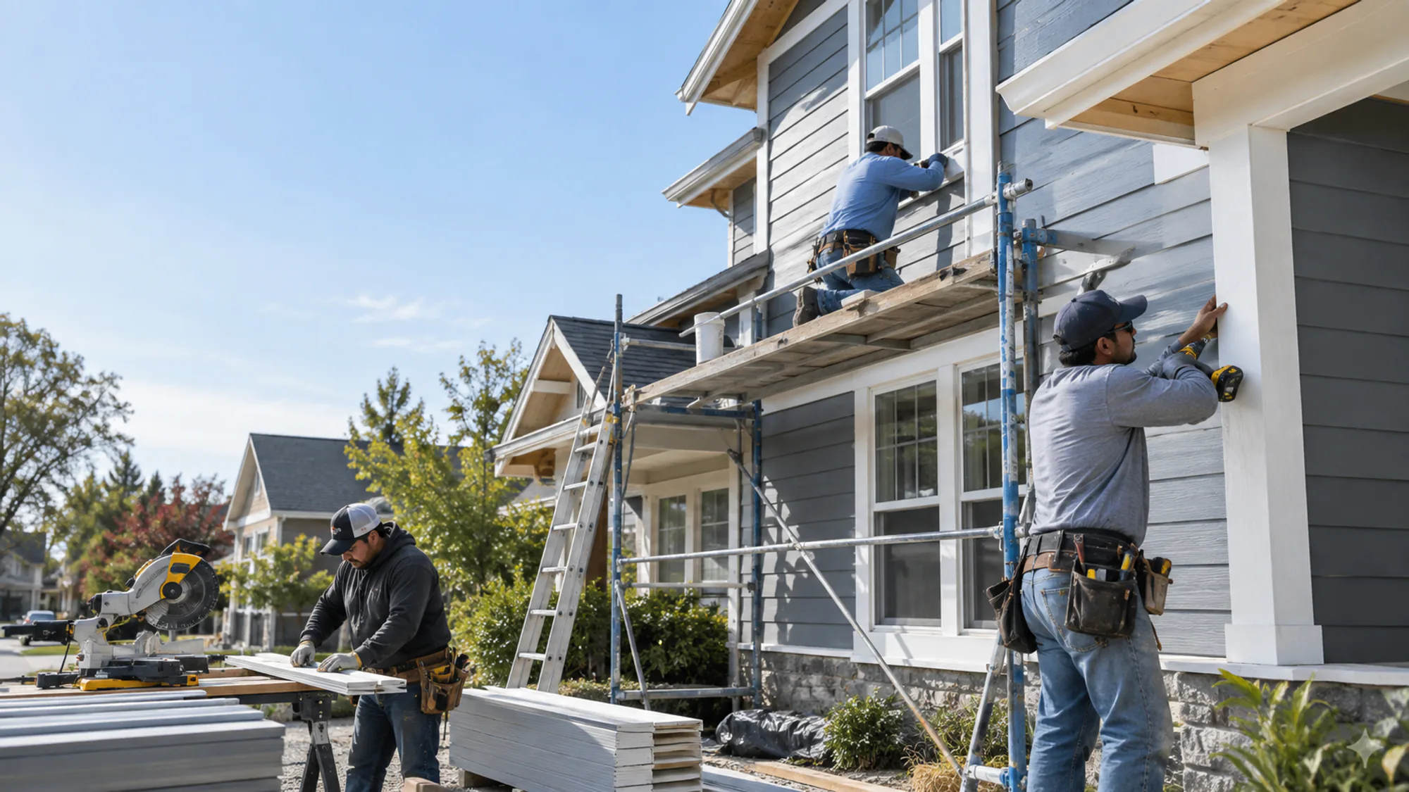 A residential construction crew installs siding and exterior trim on a suburban home.