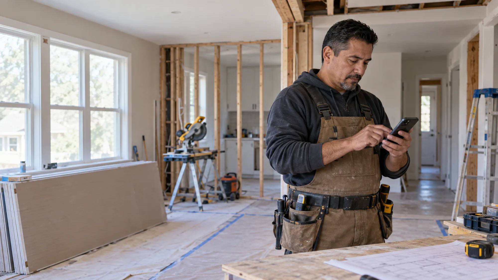 A contractor stands in a gutted living room, pricing the job on his phone.