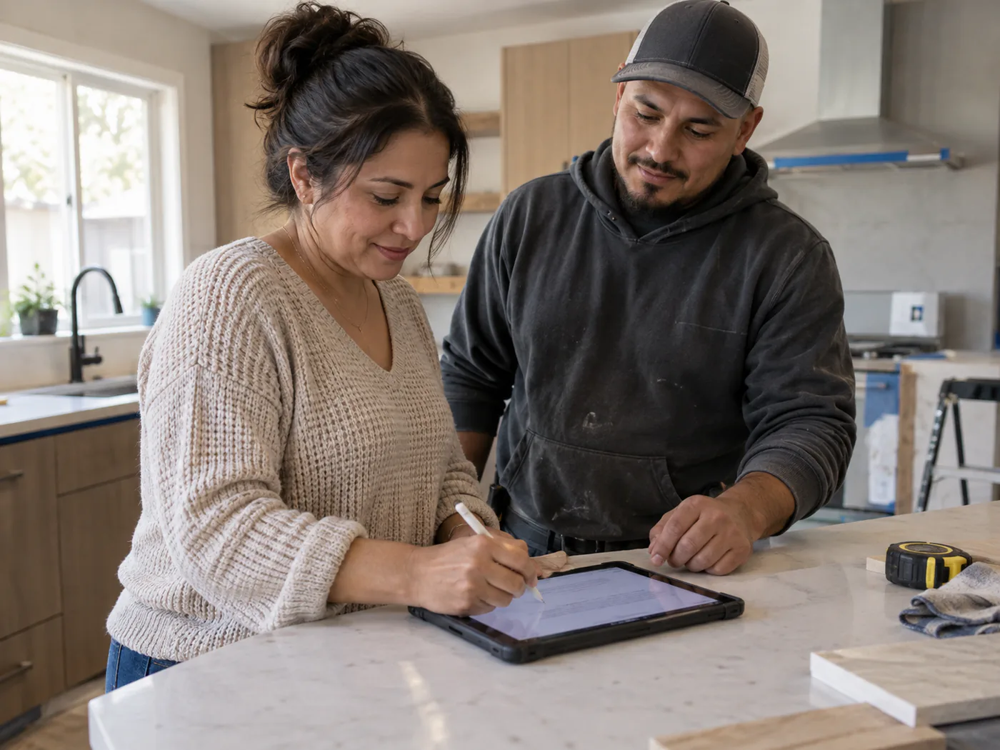 A homeowner signs a digital renovation proposal on a tablet while the contractor assists.