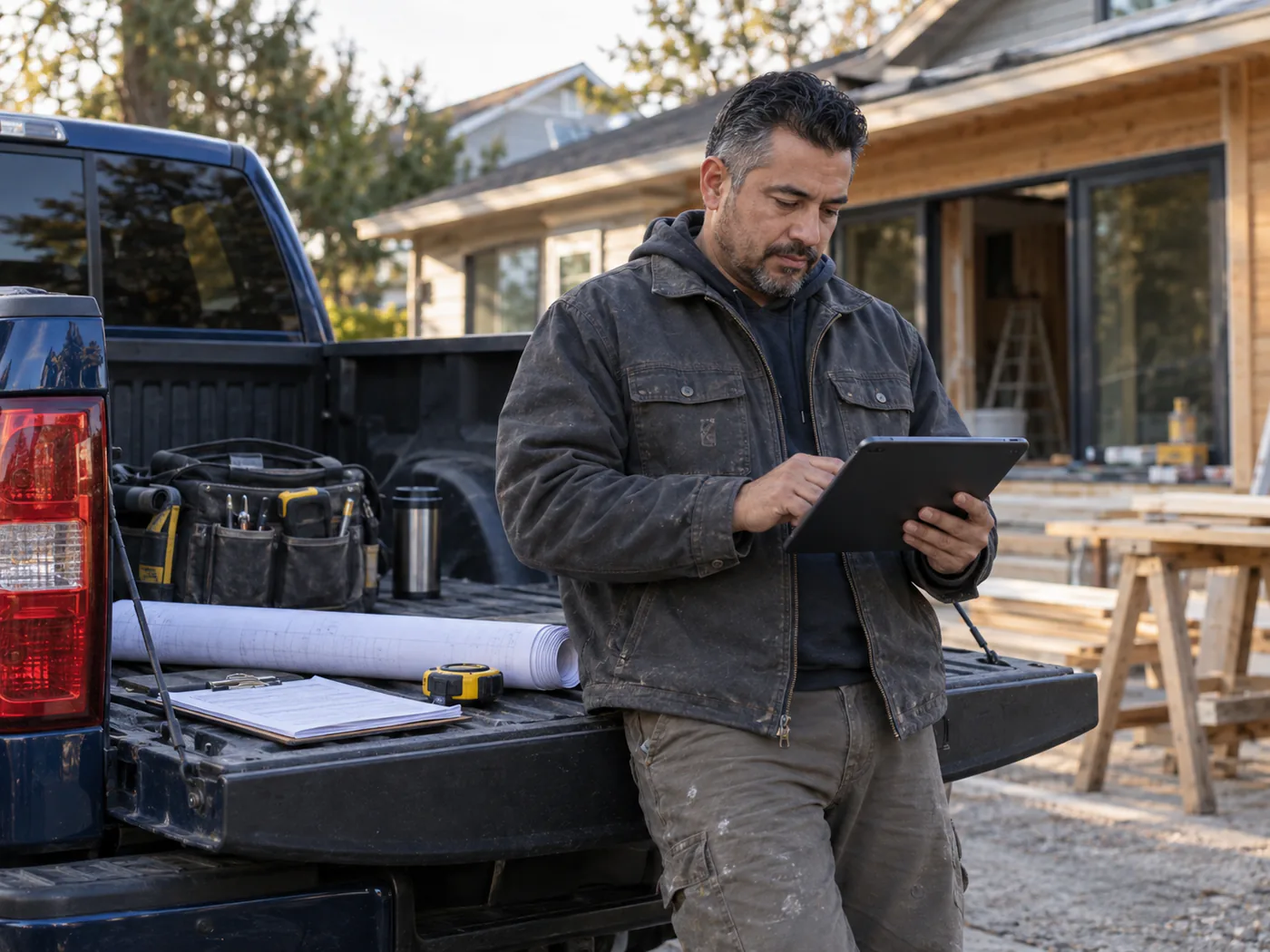 A residential contractor reviews an estimate on a tablet beside his work pickup.